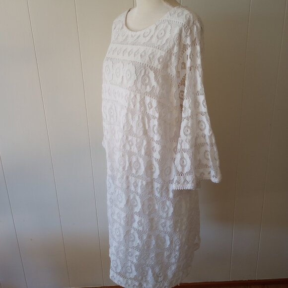 Ruby Rd Dress 2X White Lace Floral Crochet Boho Romantic Fairy Bell Sleeve Lined - Picture 3 of 5
